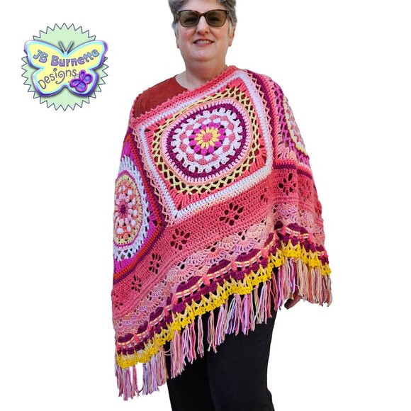 Handmade Crochet Boho Poncho in Orange, Pink, Yellow - Picture 3 of 13